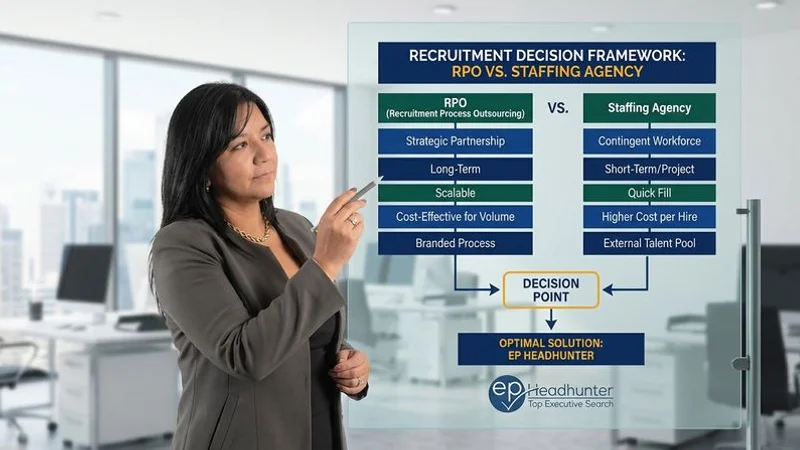 Business leader comparing recruitment models with RPO and staffing agency decision framework diagram