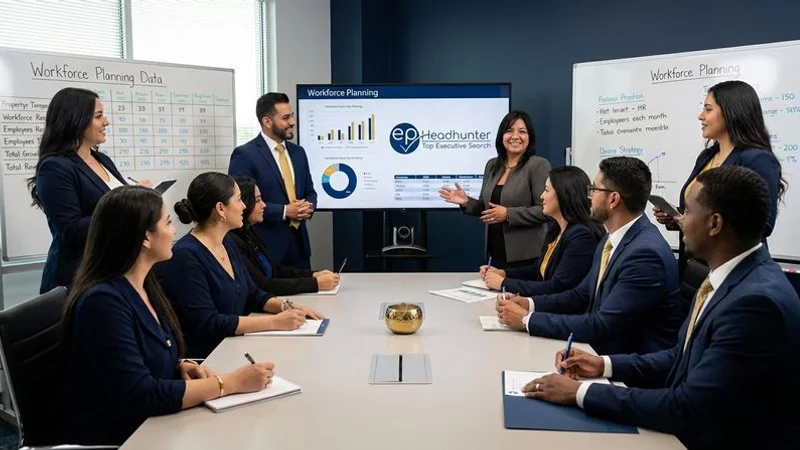 Corporate HR team collaborating with embedded RPO recruitment specialists on a strategic workforce planning session in a modern office