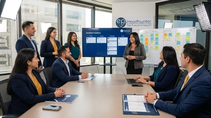 Dedicated embedded recruitment team conducting a morning standup meeting with corporate hiring managers to review open positions and candidate pipelines