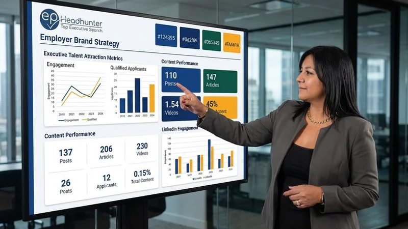 Digital employer brand strategy dashboard showing executive talent attraction metrics and leadership content performance