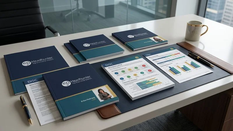 DISC behavioural profiling results and psychometric assessment reports displayed on a professional consulting desk with analytical charts