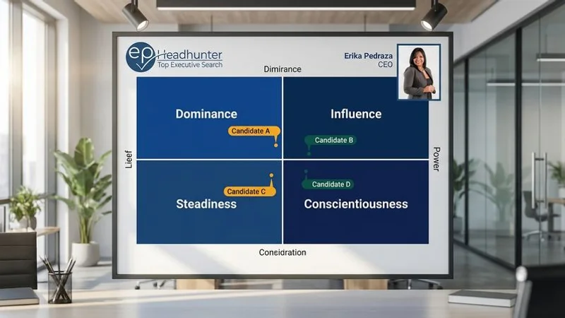 DISC profile comparison chart showing four executive candidates mapped across behavioural dimensions