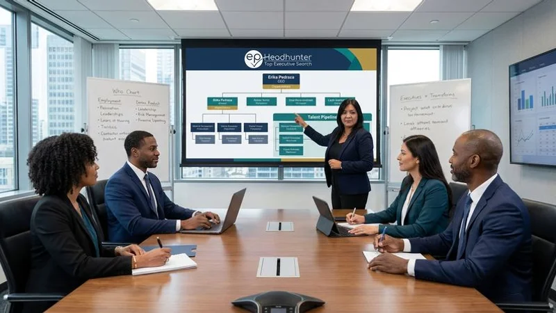 Enterprise leadership succession planning meeting with organisational chart and talent pipeline review