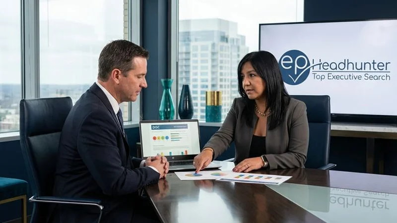 Executive coach providing DISC assessment feedback to a senior leadership candidate in a professional setting