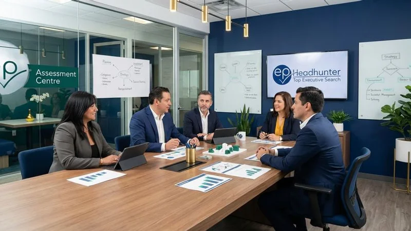 Executive leadership team participating in a collaborative group assessment exercise in a modern Assessment Centre facility