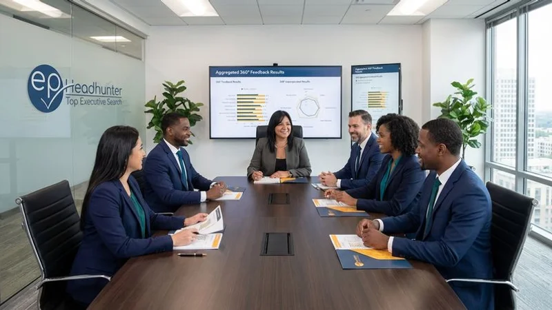 Executive selection committee reviewing aggregated 360-degree feedback results for leadership candidates