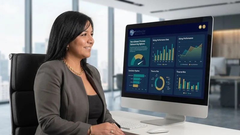 HR director evaluating recruitment process outsourcing options with hiring performance data displayed on screen