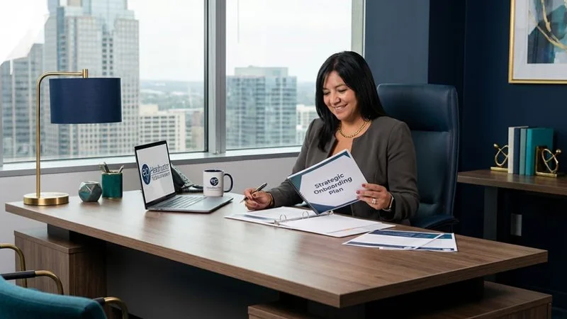 New executive leader reviewing a strategic onboarding plan during their first week in a corporate office