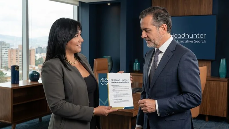 Professional executive search consultant presenting fee structure options to a corporate client in Colombia