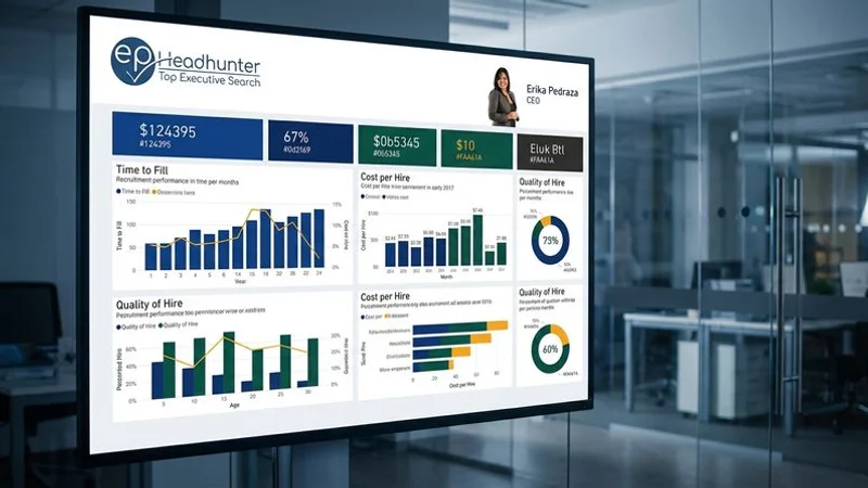 Recruitment analytics dashboard displaying hiring performance metrics including time to fill and cost per hire and quality of hire data