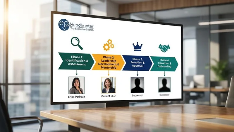 Strategic timeline chart illustrating the phases of CEO succession planning from identification to transition